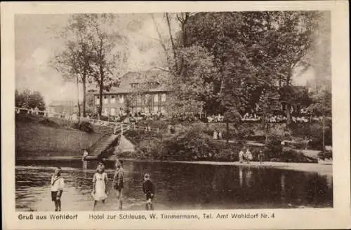 Ak Hamburg Wandsbek Wohldorf, Hotel zur Schleuse, Kinder am Wasser