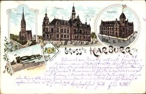 Litho Hamburg Harburg, Evangelische Kirche, Rathaus, Postamt, Elbbrücke