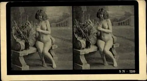 Stereo Foto Nackte Frau, Frauenakt, Beine, Busen, Sitzbank