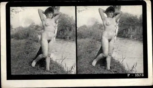 Stereo Foto stehender Frauenakt, an eine Birke gelehnt, am Ufer