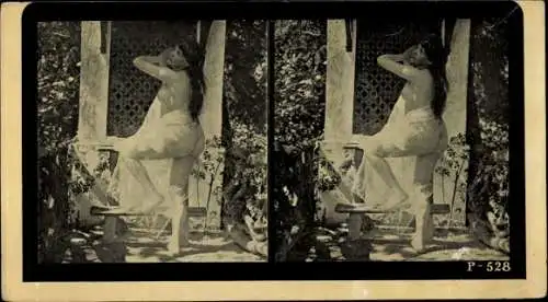 Stereo Foto Nackte Frau, Frauenakt, Po, Schleier, Garten