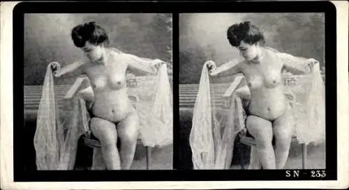 Stereo Foto Nackte Frau, Frauenakt, Schleier, Busen, Bauch