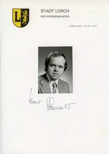 Autogramm Werner Steinacker, Bürgermeister der Stadt Lorch, Autogramm 1987