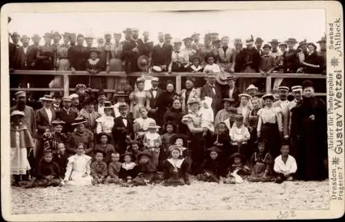 Kabinett Foto Ostseebad Ahlbeck, Gruppenbild am Strand, Badegäste