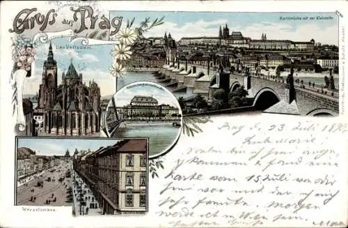 Litho Praha Prag, Veitsdom, Wenzelsplatz, Böhmisches Nationaltheater, Karlsbrücke, Kleinseite