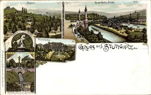 Litho Stuttgart in Baden Württemberg, Polytechnikum, Bopser, Herzog Eugen Brunnen, Hofers Pferde