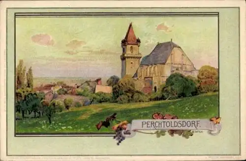 Künstler Litho Wilt, H., Perchtoldsdorf in Niederösterreich, Kirche und Ortsansicht