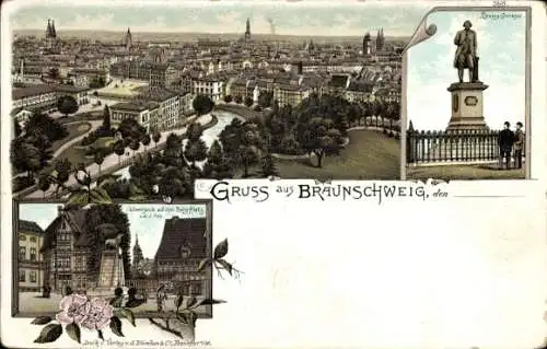 Litho Braunschweig, Stadtpanorama, Lessing Denkmal, Löwensäule, Burgplatz