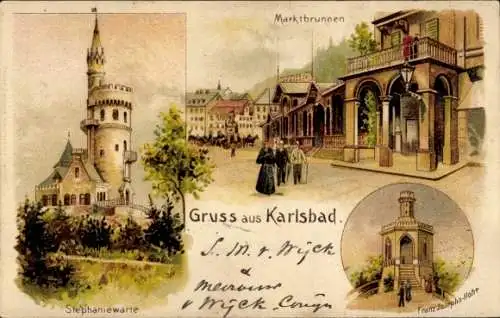 Litho Karlovy Vary Karlsbad Stadt, Stephaniewarte, Marktbrunnen, Franz Josephs Höhe