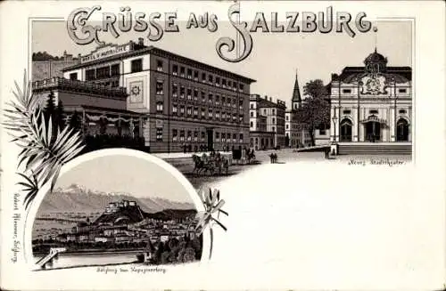 Litho Salzburg in Österreich, Hotel Autriche, Stadttheater, Kapuzinerberg