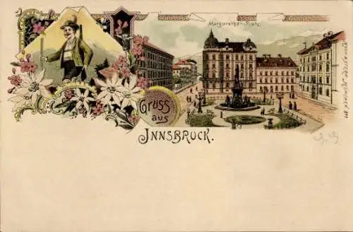 Litho Innsbruck in Tirol, Margarethen-Platz, Wanderer