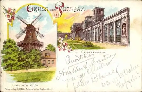 Litho Potsdam in Brandenburg, Historische Windmühle, Orangerie Sanssouci