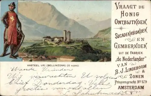 Litho Bellinzona Kanton Tessin, Schloss, Werbung, Fabrik De Nederlander, Nahrung