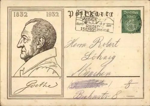 Ganzsachen Ak Schriftsteller Johann Wolfgang von Goethe, 1932, 100. Jubiläum