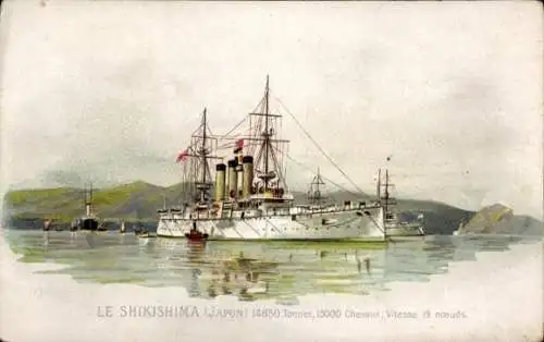 Litho Japanisches Kriegsschiff, Shikishima, Kaiserlich Japanische Marine