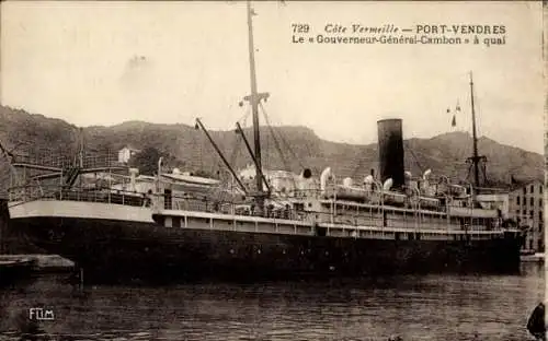 Ak Port Vendres Pyrenees Orientales, Dampfer Gouverneur General Cambon,Compagnie de Navigation Mixte