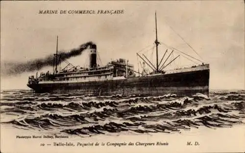 Ak Paquebot Belle Isle, Cie. des Chargeurs Réunis, Marine de Commerce Francaise