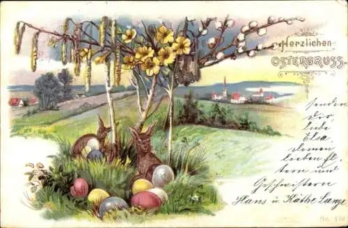 Litho Glückwunsch Ostern, Osterhasen, Ostereier, Weidenkätzchen, Birken