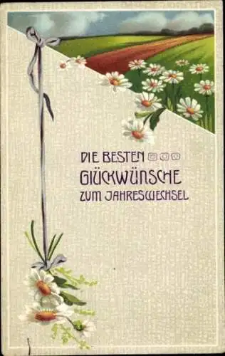 Präge Litho Glückwunsch Neujahr, weiße Blumen, Felder, lila Schleife