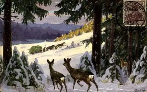 Künstler Ak Mailick, Glückwunsch Weihnachten, Rehe, Winterlandschaft, Schlitten mit Tannenbaum