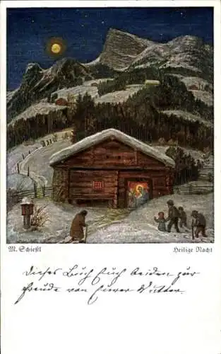 Künstler Ak Schiestl, Matthäus, Glückwunsch Weihnachten, Heilige Nacht, Christuskind im Stall