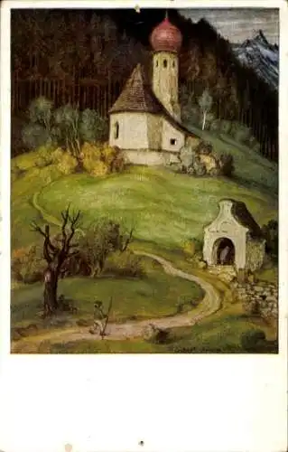 Künstler Ak Schiestl, Matthäus, Landschaft, Kirche, Bergkapelle