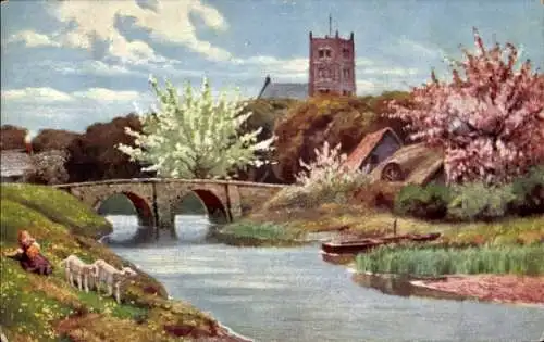 Puzzle Ak Flusslandschaft mit Schafen, Brücke, Kirchturm, Baumblüte