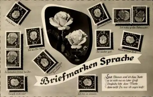 Ak Briefmarkensprache, Blumen, Ich habe große Sehnsucht, Ich erwarte Dich, Ewig Dein