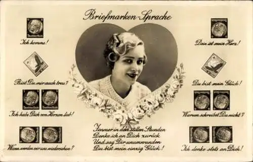 Ak Briefmarkensprache, Portrait einer Frau, Herz, Amag 67365 4