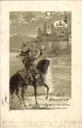 Mondschein Präge Litho Trompeter von Säckingen, Abschied, Behüt Dich Gott