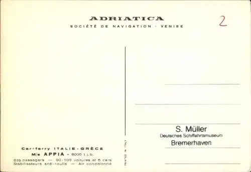 Künstler Ak MS Appia, Auto-Fährschiff Italien Griechenland, Adriatica Societa di Navigazione Venezia