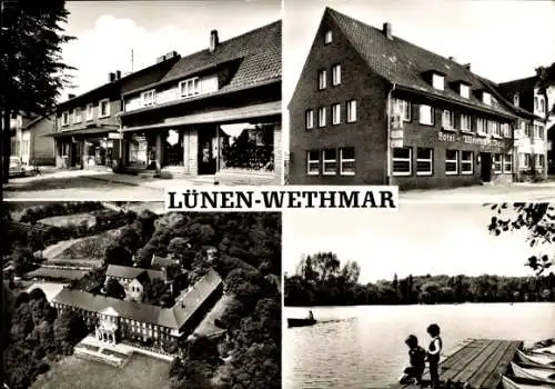 Ak Wethmar Lünen in Westfalen, Teilansichten, Gewässer, Steg, Hotel, Blick von oben