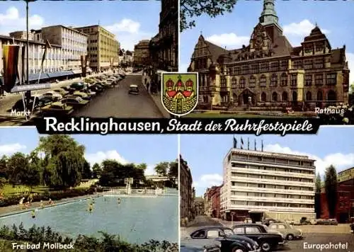 Ak Recklinghausen im Ruhrgebiet, Wappen, Markt, Rathaus, Freibad Molleck, Europahotel