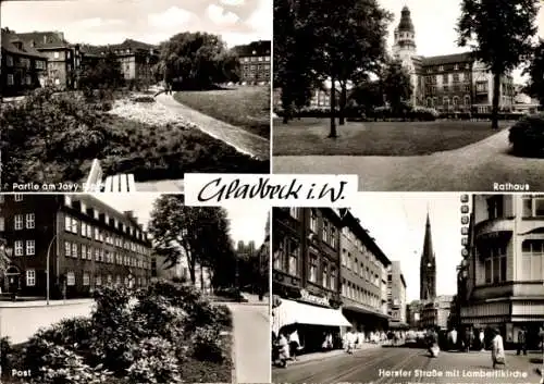 Ak Gladbeck im Ruhrgebiet Westfalen, Rathaus, Hester Straße, Lambertikirche, Post, Jovy-Park