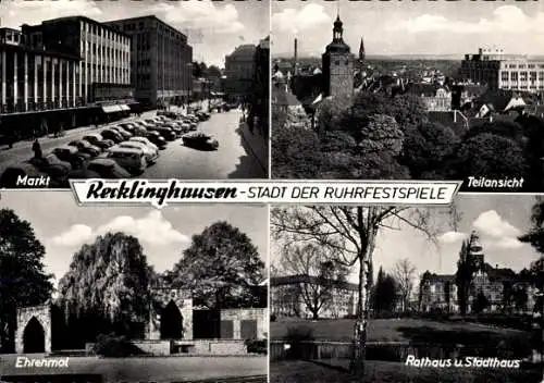 Ak Recklinghausen im Ruhrgebiet, Teilansichten, Markt, Ehrenmal, Rathaus, Stadthaus