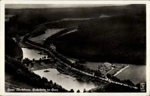 Ak Hasselfelde Oberharz am Brocken, Fliegeraufnahme, Hotel Waldkrone