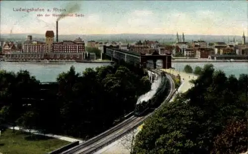 Ak Ludwigshafen am Rhein, von der Mannheimer Seite, Eisenbahn, Brücke