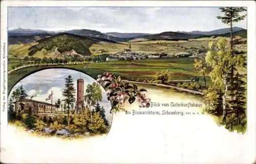 Ak Schneeberg im Erzgebirge, Bismarckturm, Panorama, Blick vom Unterkunftshaus