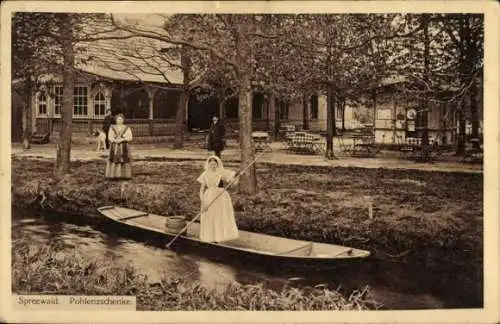 Ak Pohlenzschänke Leipe Lübbenau im Spreewald, Kahn, Einheimische in Tracht, Terrasse