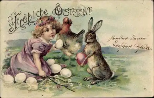 Präge Litho Ostern, Mädchen, Osterhase, Ostereier