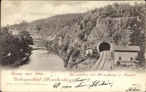 Ak Frankenberg an der Zschopau Sachsen, Harrasfelsen, Körnerkreuz, Tunnel