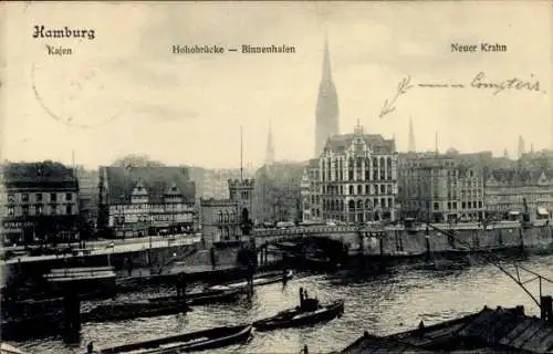 Ak Hamburg, Kajen, Hohebrücke, Binnenhafen, Neuer Krahn