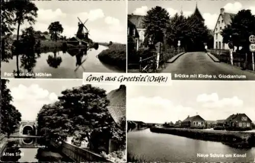 Ak Greetsiel Krummhörn in Ostfriesland, Bürcke, Kirche, Glockenturm, Mühlen, altes Siel, neue Schule