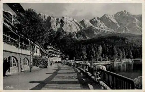 Ak Grainau in Oberbayern, Eibsee, Hotel Eibsee, Riffelwände, Riffelscharte, Zugspitze