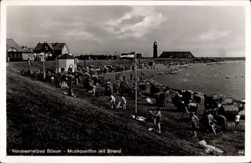 Ak Nordseebad Büsum, Musikpavillon, Strand, Leuchtturm