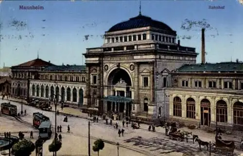 Ak Mannheim in Baden, Bahnhof, Straßenbahn