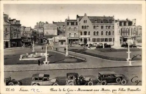 Ak Arras Pas de Calais, Place de la Gare, Kriegerdenkmal