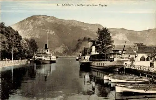 Ak Annecy Haute Savoie, Der Hafen und Mont Veyrier