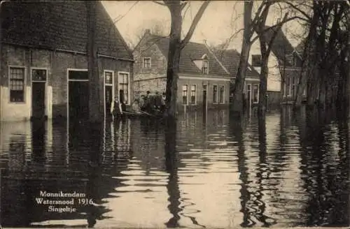 Ak Monnikendam Waterland Nordholland Niederlande, überschwemmte Straßen, 1916, Singeltje