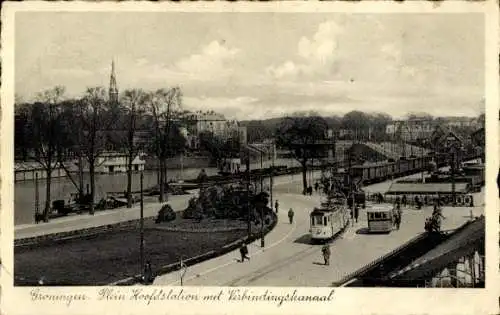 AK Groningen Niederlande, quadratischer Hauptbahnhof mit Verbindungskanal, Straßenbahn